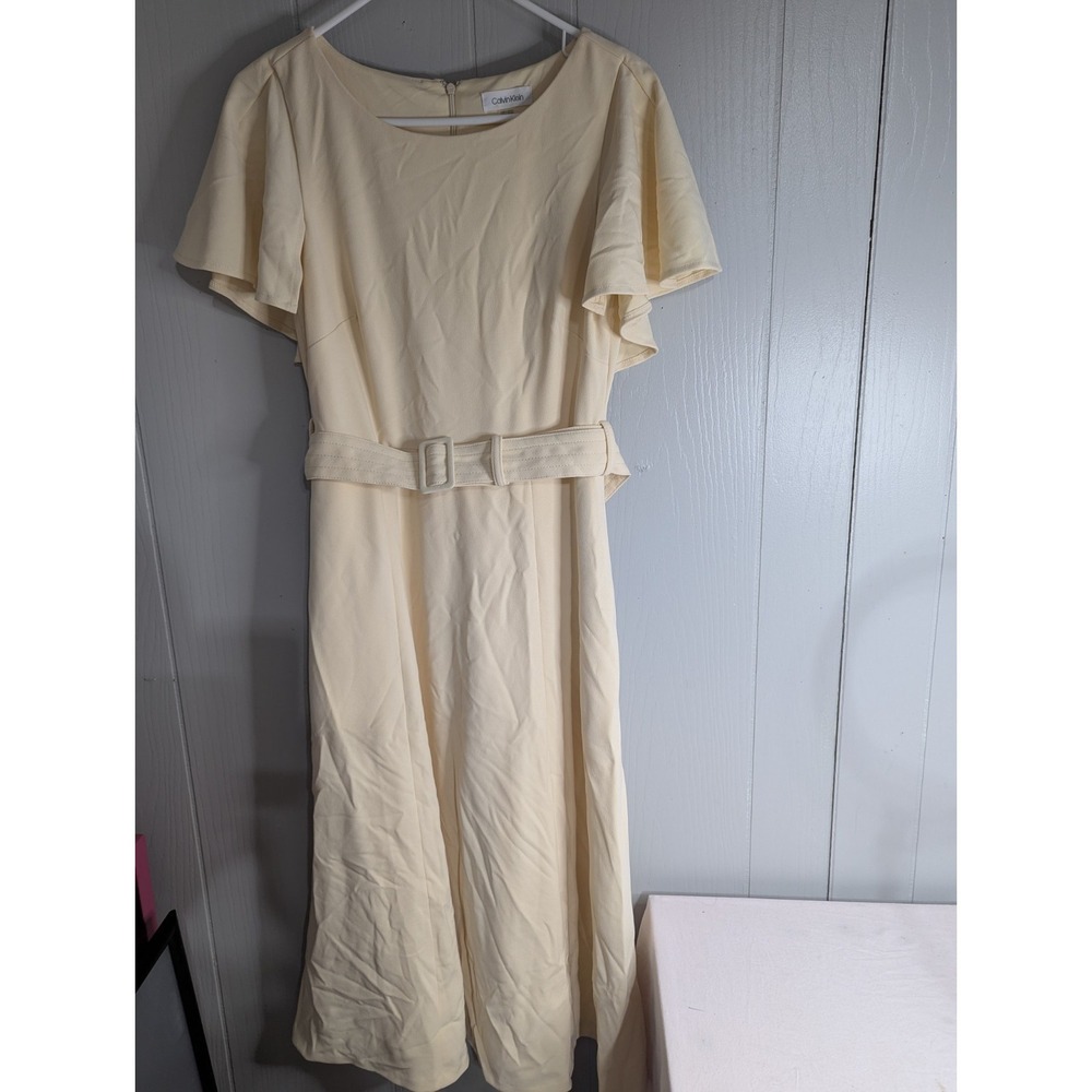 Calvin Klein lined cream long dress Size 8 removable belt Pockets casual or work